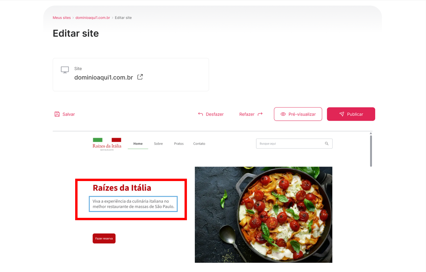 [Alt text: Imagem da área de edição de um site. Um bloco de texto da página está em destaque.